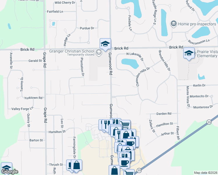 map of restaurants, bars, coffee shops, grocery stores, and more near 52301 Gumwood Road in Granger