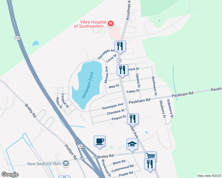 map of restaurants, bars, coffee shops, grocery stores, and more near 1034 May Street in New Bedford