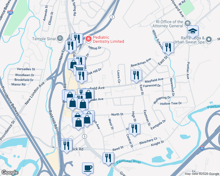 map of restaurants, bars, coffee shops, grocery stores, and more near 251 Mayfield Avenue in Cranston