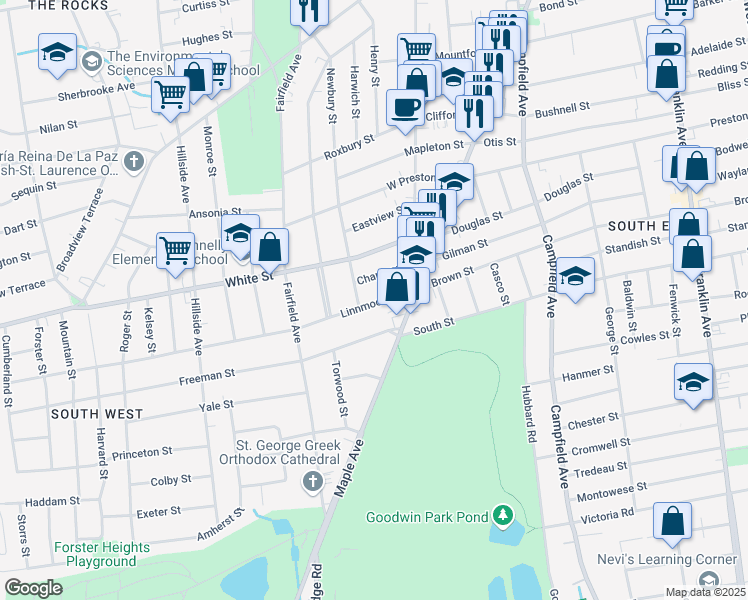 map of restaurants, bars, coffee shops, grocery stores, and more near 26 Linnmoore Street in Hartford