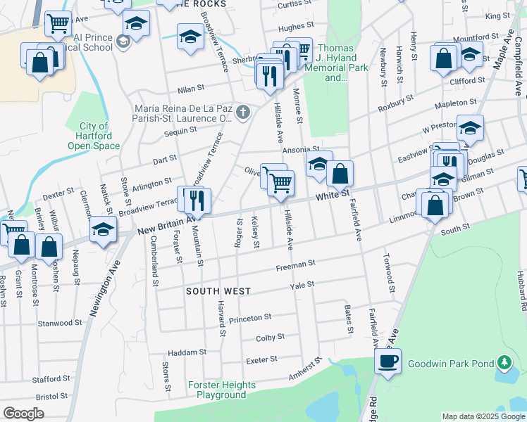 map of restaurants, bars, coffee shops, grocery stores, and more near 250 White Street in Hartford