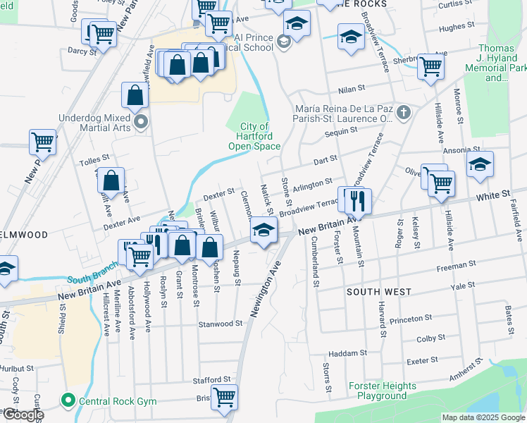 map of restaurants, bars, coffee shops, grocery stores, and more near 43 Natick Street in Hartford