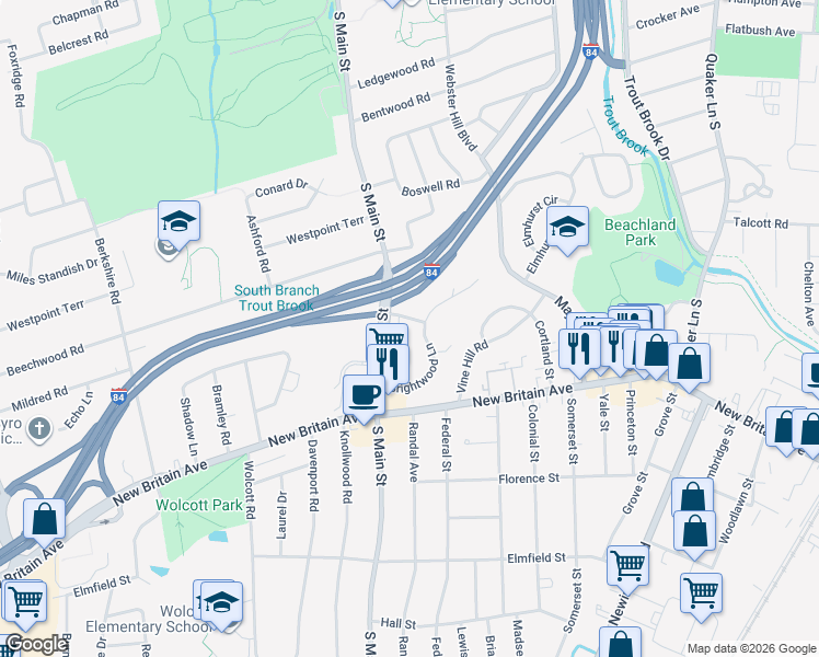 map of restaurants, bars, coffee shops, grocery stores, and more near 3 Winthrop Road in West Hartford