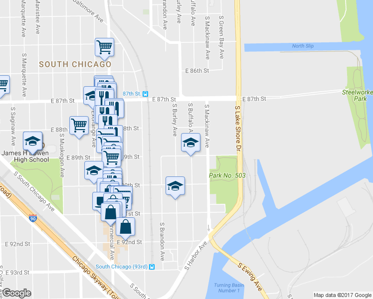 map of restaurants, bars, coffee shops, grocery stores, and more near 8836 South Buffalo Avenue in Chicago