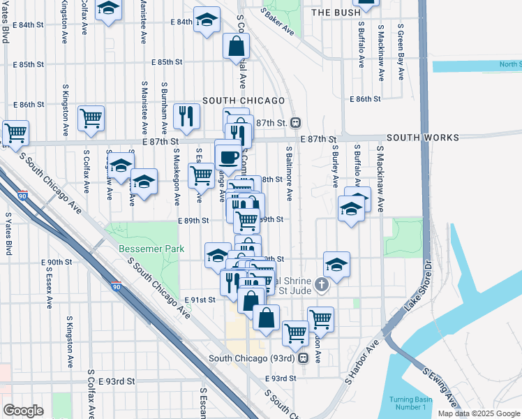 map of restaurants, bars, coffee shops, grocery stores, and more near 8836 South Houston Avenue in Chicago