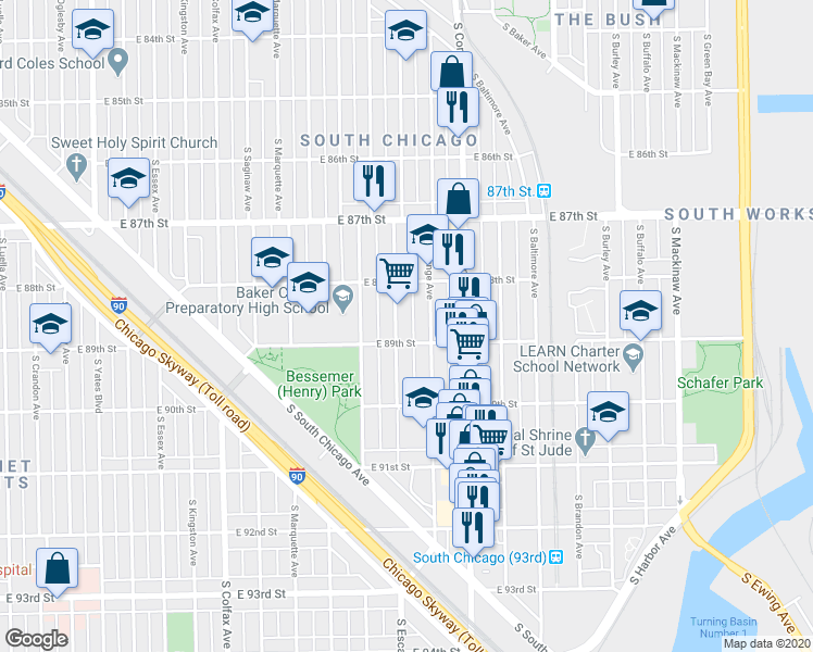 map of restaurants, bars, coffee shops, grocery stores, and more near 8835 South Escanaba Avenue in Chicago