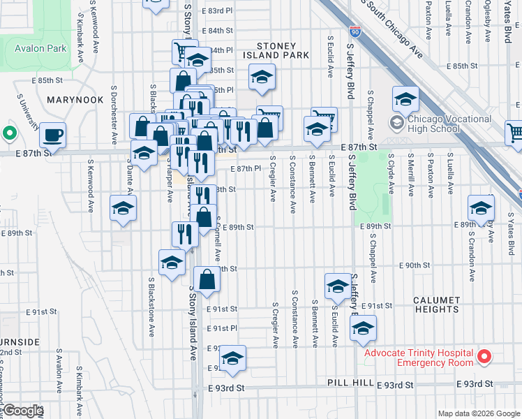 map of restaurants, bars, coffee shops, grocery stores, and more near 8820 South Ridgeland Avenue in Chicago