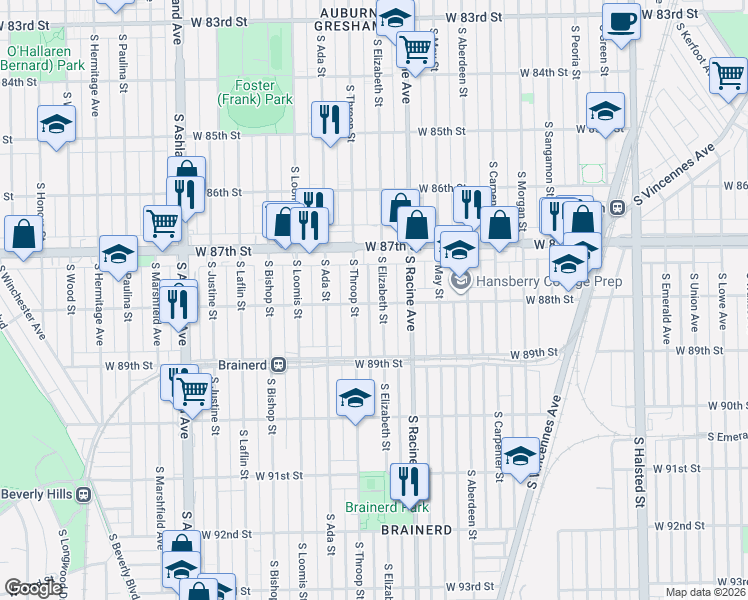 map of restaurants, bars, coffee shops, grocery stores, and more near 8751 South Throop Street in Chicago
