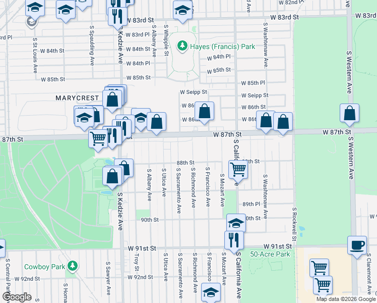 map of restaurants, bars, coffee shops, grocery stores, and more near 8725 South Richmond Avenue in Evergreen Park