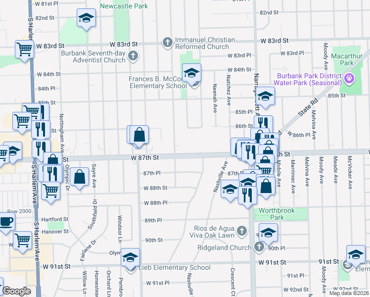 map of restaurants, bars, coffee shops, grocery stores, and more near 6600 West 87th Street in Burbank