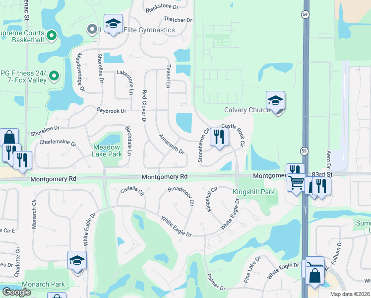 map of restaurants, bars, coffee shops, grocery stores, and more near 1213 Teasel Lane in Naperville