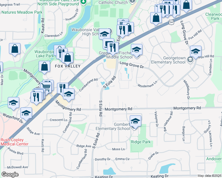 map of restaurants, bars, coffee shops, grocery stores, and more near 2535 Autumn Grove Court in Aurora