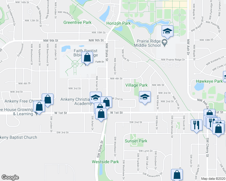 map of restaurants, bars, coffee shops, grocery stores, and more near 217 Northwest State Street in Ankeny