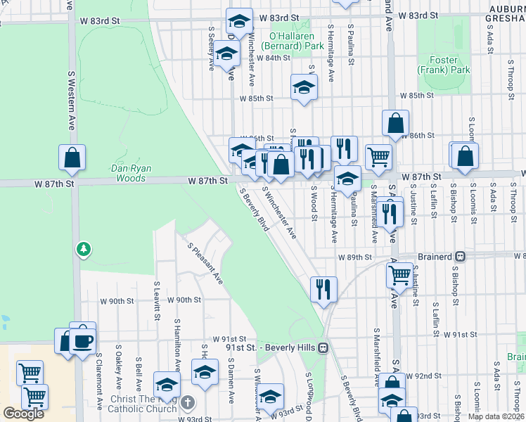 map of restaurants, bars, coffee shops, grocery stores, and more near 8738 South Winchester Avenue in Chicago
