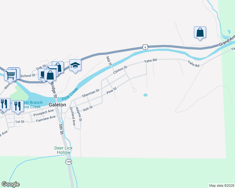 map of restaurants, bars, coffee shops, grocery stores, and more near 23-271 Elm Street in Galeton