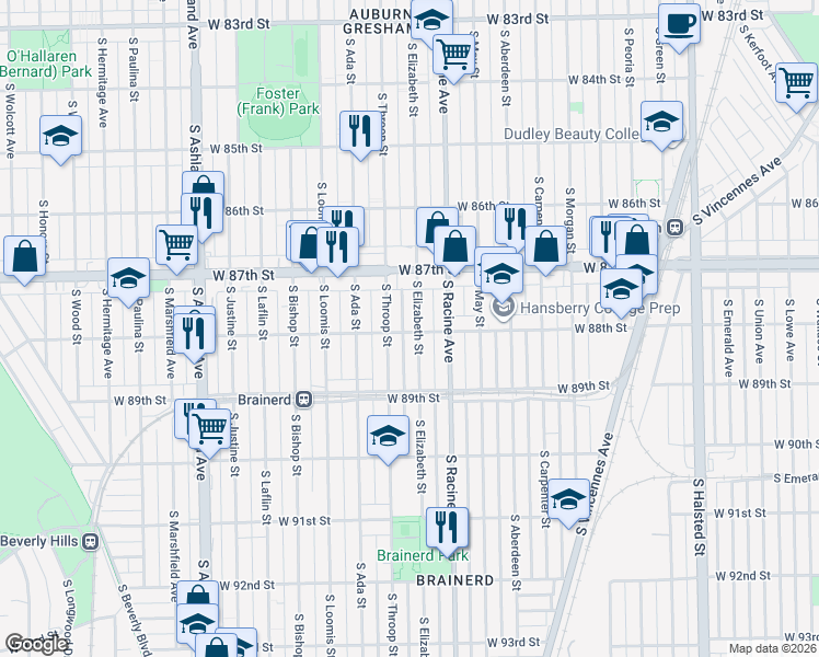 map of restaurants, bars, coffee shops, grocery stores, and more near 8751 South Throop Street in Chicago