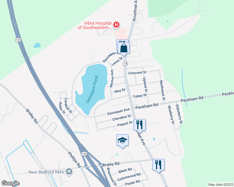 map of restaurants, bars, coffee shops, grocery stores, and more near 1034 May Street in New Bedford