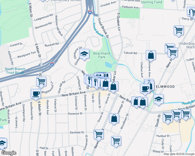 map of restaurants, bars, coffee shops, grocery stores, and more near 36 Park Place Circle in West Hartford