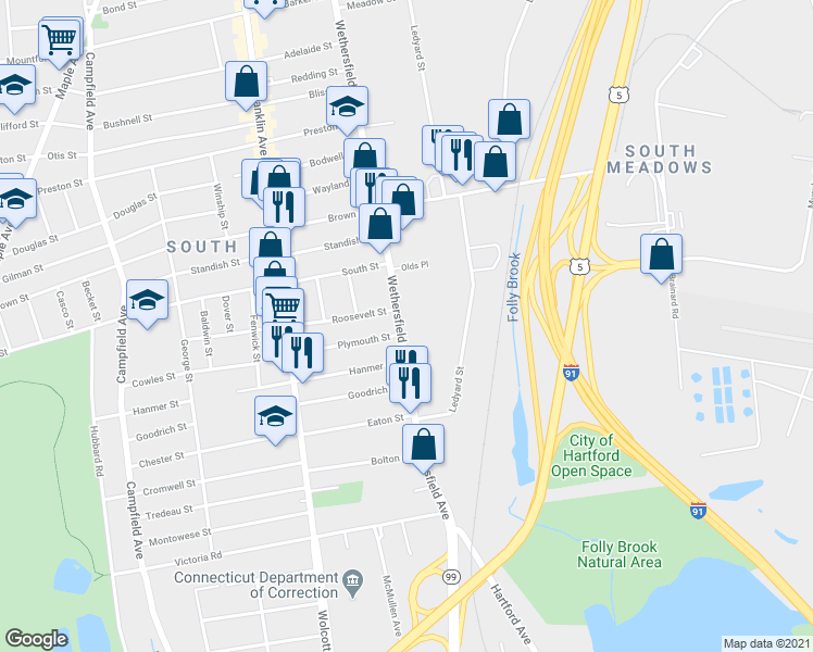 map of restaurants, bars, coffee shops, grocery stores, and more near 798 Wethersfield Avenue in Hartford