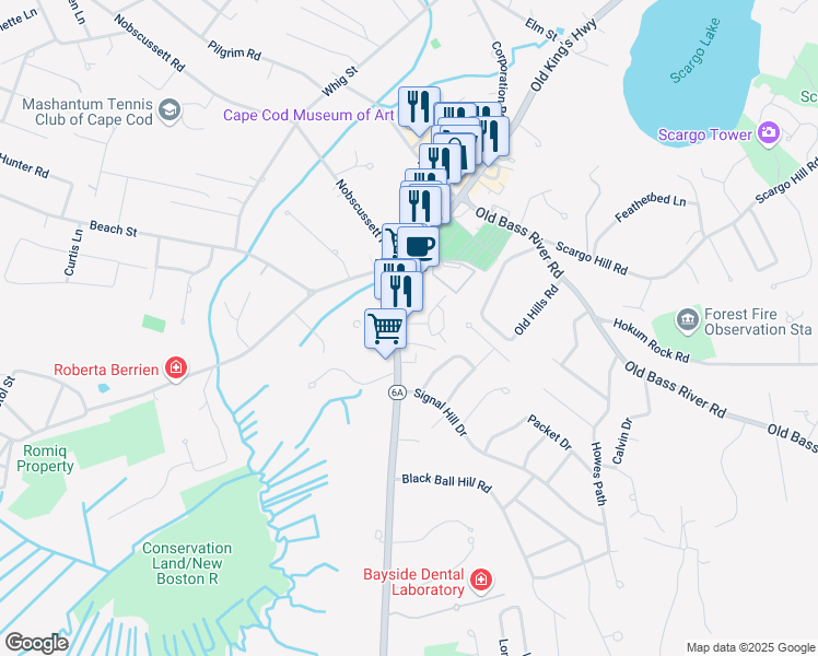 map of restaurants, bars, coffee shops, grocery stores, and more near 601 Massachusetts 6A in Dennis
