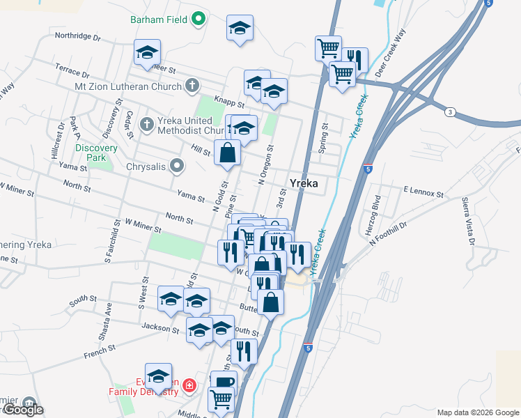 map of restaurants, bars, coffee shops, grocery stores, and more near 310 North Oregon Street in Yreka