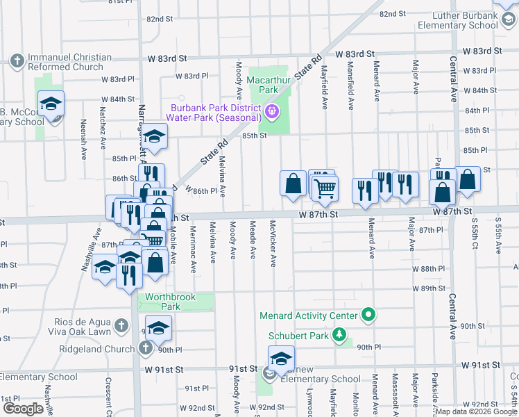 map of restaurants, bars, coffee shops, grocery stores, and more near 8650 Meade Avenue in Burbank