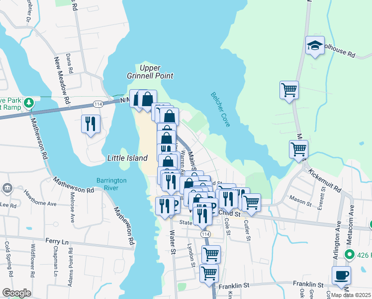 map of restaurants, bars, coffee shops, grocery stores, and more near 16 Union Street in Warren