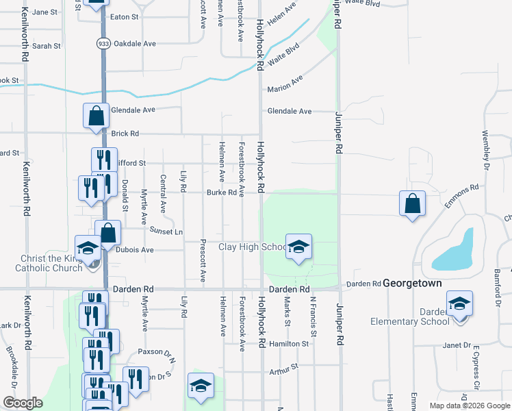 map of restaurants, bars, coffee shops, grocery stores, and more near 52227 Hollyhock Road in South Bend