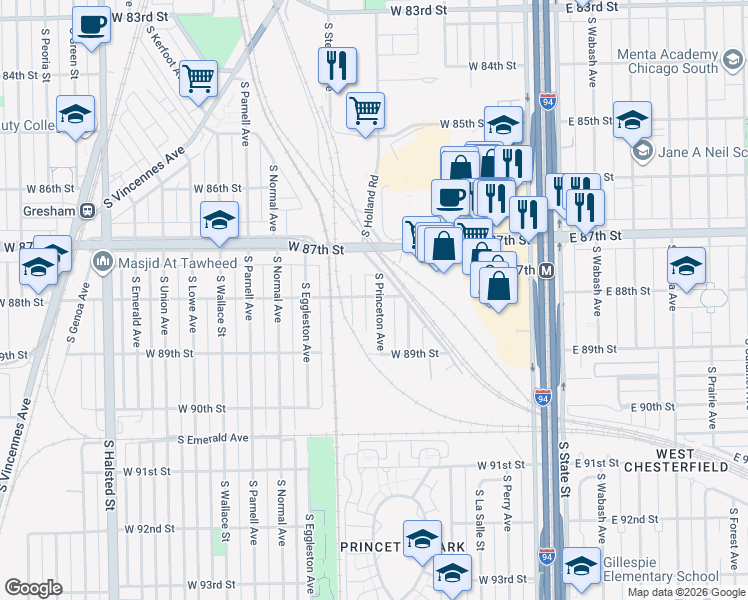 map of restaurants, bars, coffee shops, grocery stores, and more near 8800 South Princeton Avenue in Chicago