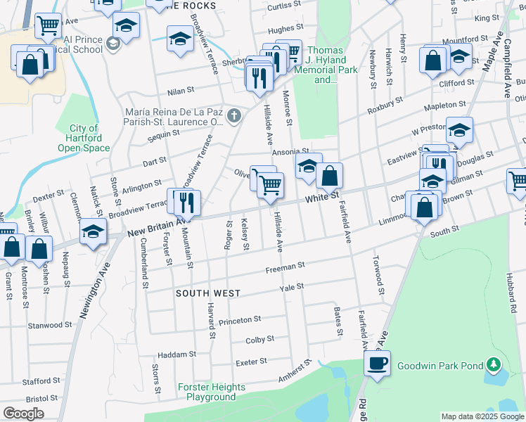 map of restaurants, bars, coffee shops, grocery stores, and more near 250 White Street in Hartford