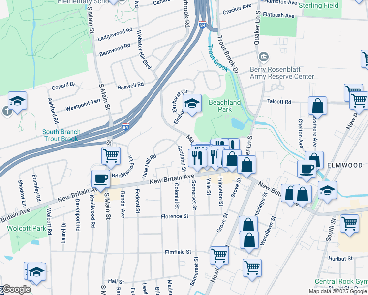 map of restaurants, bars, coffee shops, grocery stores, and more near 56 Cortland Street in West Hartford