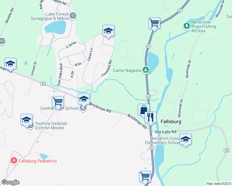 map of restaurants, bars, coffee shops, grocery stores, and more near 68 Brickman Road in Fallsburg