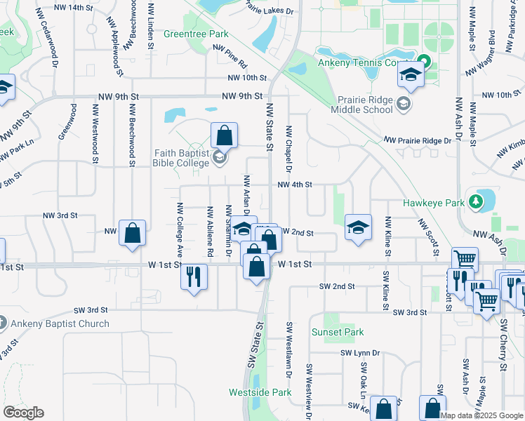 map of restaurants, bars, coffee shops, grocery stores, and more near 229 Northwest Arlan Drive in Ankeny