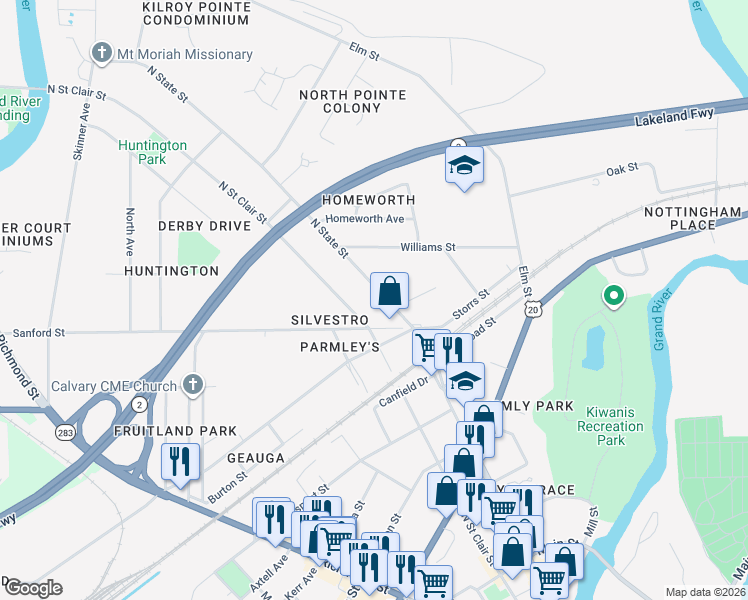 map of restaurants, bars, coffee shops, grocery stores, and more near 531 North State Street in Painesville