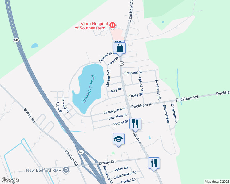 map of restaurants, bars, coffee shops, grocery stores, and more near 1034 May Street in New Bedford