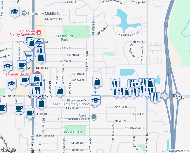 map of restaurants, bars, coffee shops, grocery stores, and more near 317 Northeast Trilein Drive in Ankeny