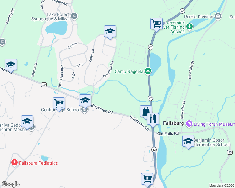 map of restaurants, bars, coffee shops, grocery stores, and more near 68 Brickman Road in Fallsburg