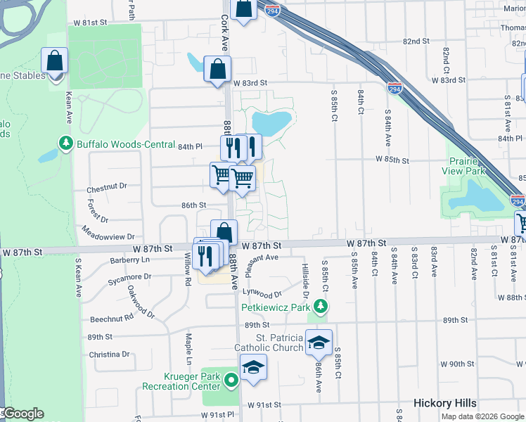 map of restaurants, bars, coffee shops, grocery stores, and more near South 87th Terrace in Justice