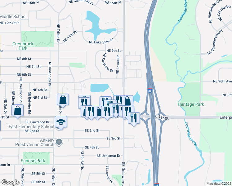 map of restaurants, bars, coffee shops, grocery stores, and more near 410 Northeast Delaware Avenue in Ankeny