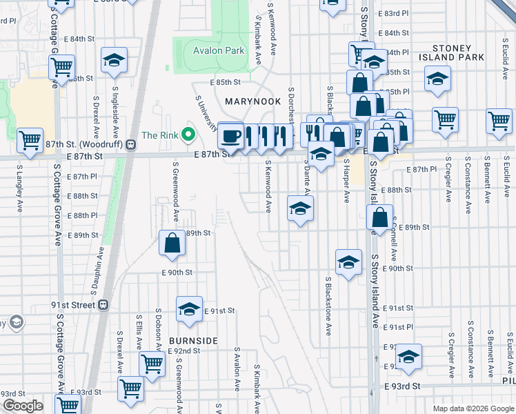 map of restaurants, bars, coffee shops, grocery stores, and more near 1318 East 88th Place in Chicago
