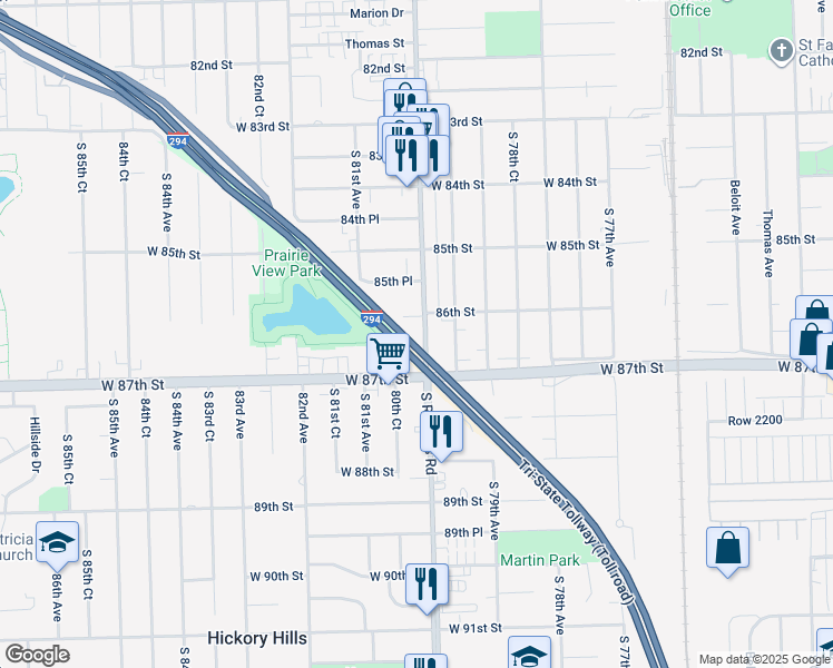 map of restaurants, bars, coffee shops, grocery stores, and more near 8648 S Roberts Rd in Oak Lawn
