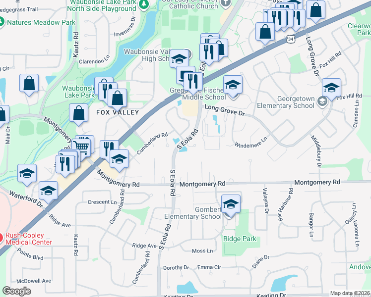map of restaurants, bars, coffee shops, grocery stores, and more near 2535 Autumn Grove Court in Aurora
