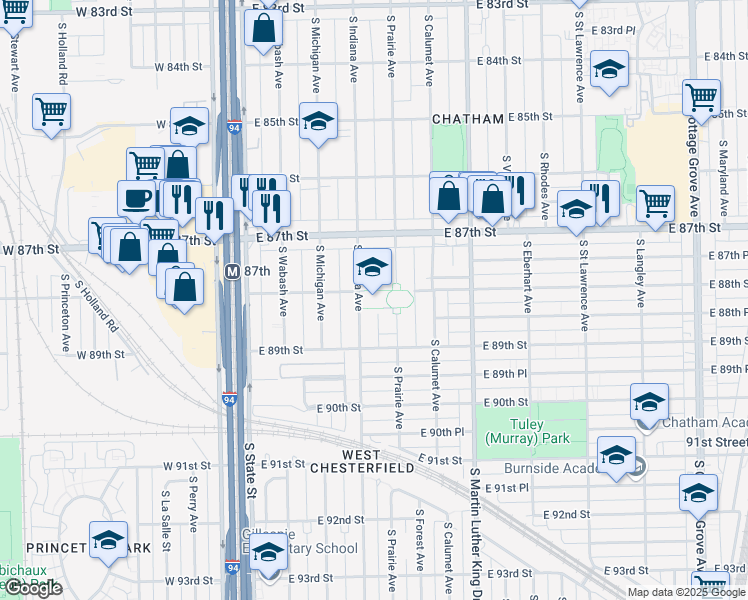 map of restaurants, bars, coffee shops, grocery stores, and more near 8801 South Indiana Avenue in Chicago