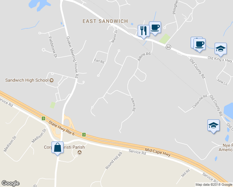 map of restaurants, bars, coffee shops, grocery stores, and more near 44 Crestview Drive in Sandwich