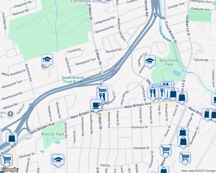 map of restaurants, bars, coffee shops, grocery stores, and more near 3 Winthrop Road in West Hartford