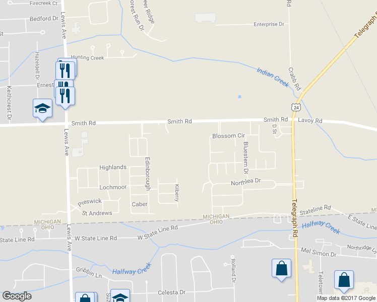 map of restaurants, bars, coffee shops, grocery stores, and more near 481 Smith Road in Temperance