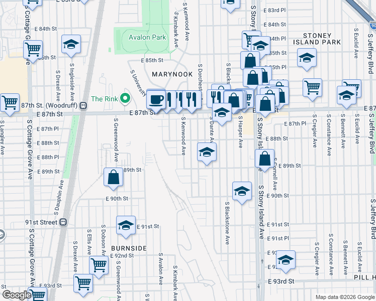 map of restaurants, bars, coffee shops, grocery stores, and more near 8814 South Dorchester Avenue in Chicago