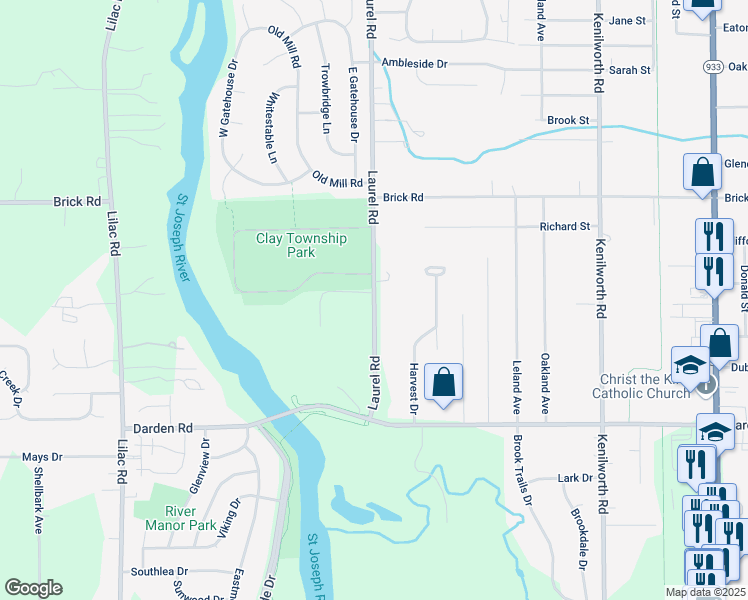 map of restaurants, bars, coffee shops, grocery stores, and more near 52275 Laurel Road in South Bend