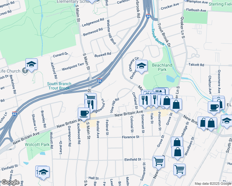 map of restaurants, bars, coffee shops, grocery stores, and more near 114 Cortland Circle in West Hartford