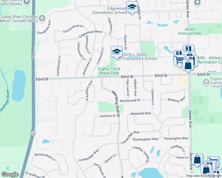 map of restaurants, bars, coffee shops, grocery stores, and more near 8329 Mending Wall Drive in Woodridge